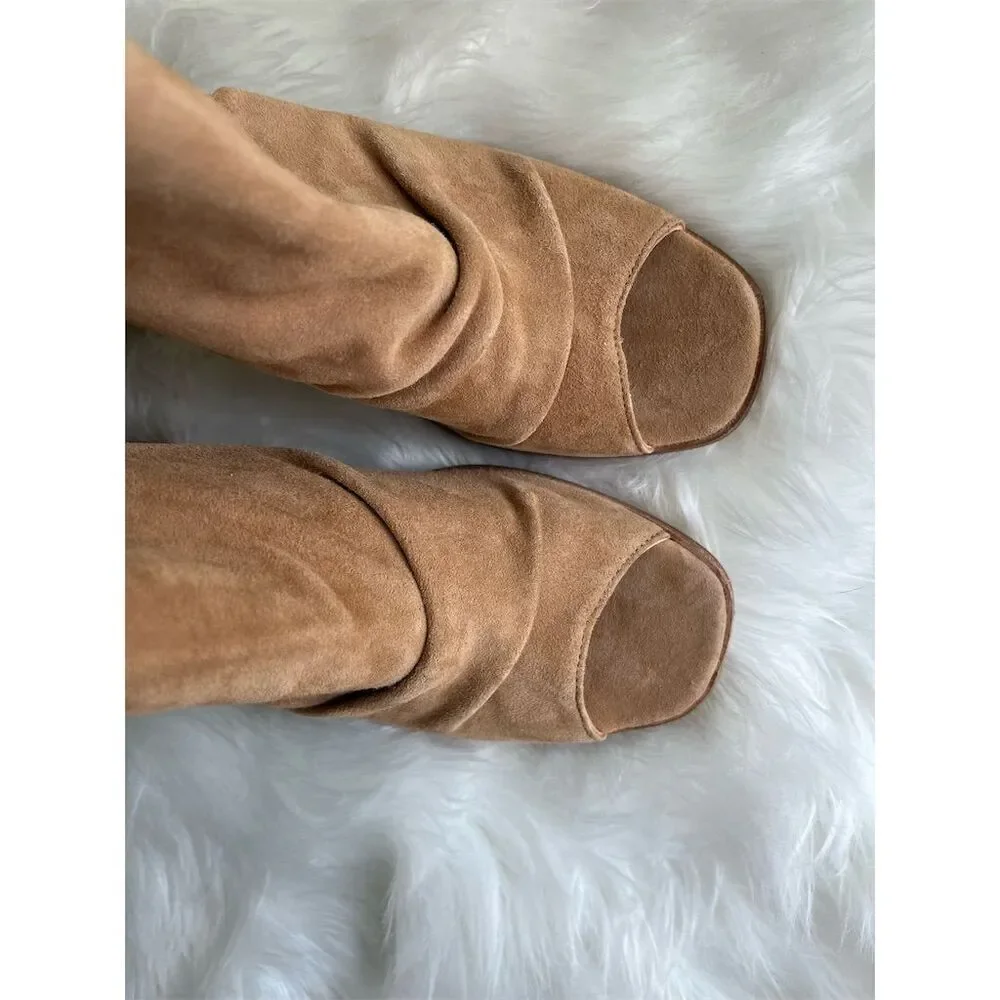 🆕42 Gold Women's Natural/Beige Suede Open Toe Booties Size 11